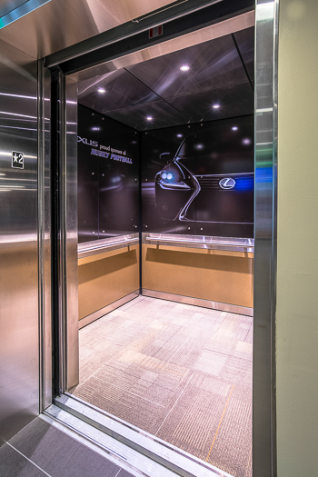 Open elevator cab door at Extron in Anaheim, California