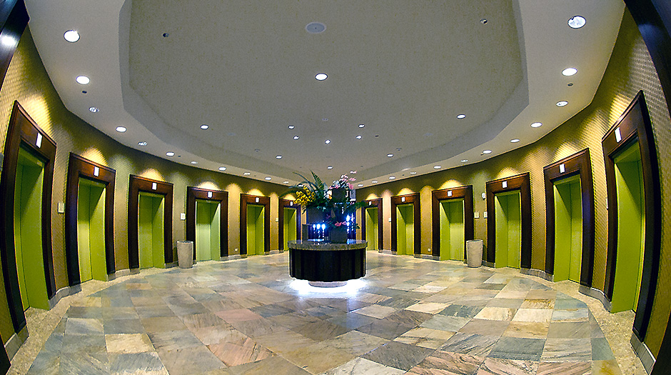 Open elevator cab door at Extron in Anaheim, California