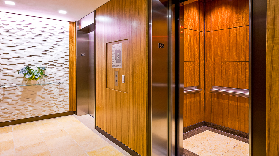 Open elevator cab door at Extron in Anaheim, California