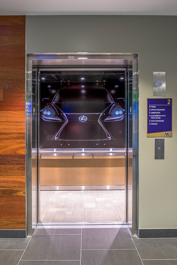 Open elevator cab door at Extron in Anaheim, California