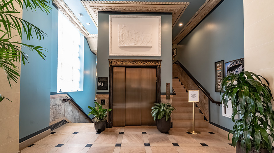 Open elevator cab door at Extron in Anaheim, California