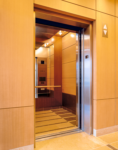 Open elevator cab door at Extron in Anaheim, California
