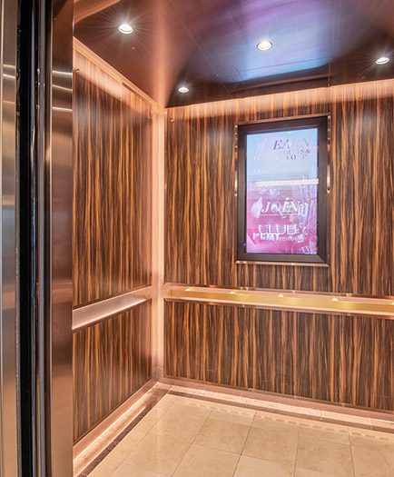 Open elevator cab door at Extron in Anaheim, California