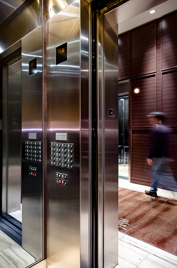 Open elevator cab door at Extron in Anaheim, California