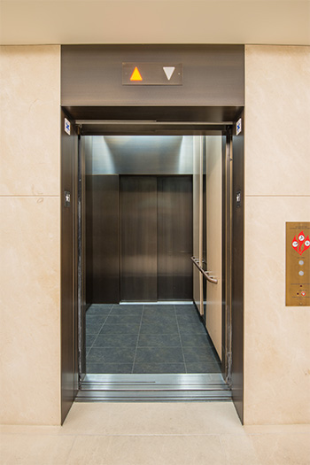 Open elevator cab door at Extron in Anaheim, California