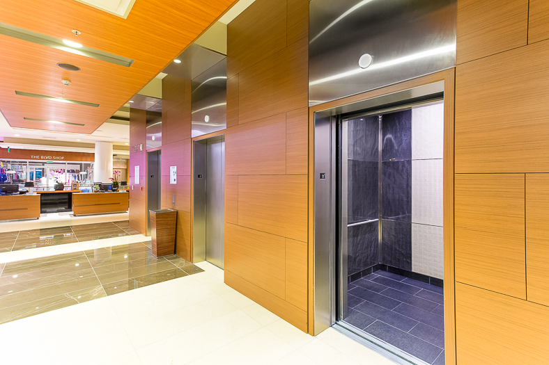 Open elevator cab door at Extron in Anaheim, California