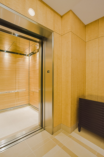 Open elevator cab door at Extron in Anaheim, California