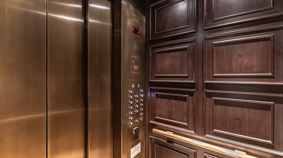 Open elevator cab door at Extron in Anaheim, California