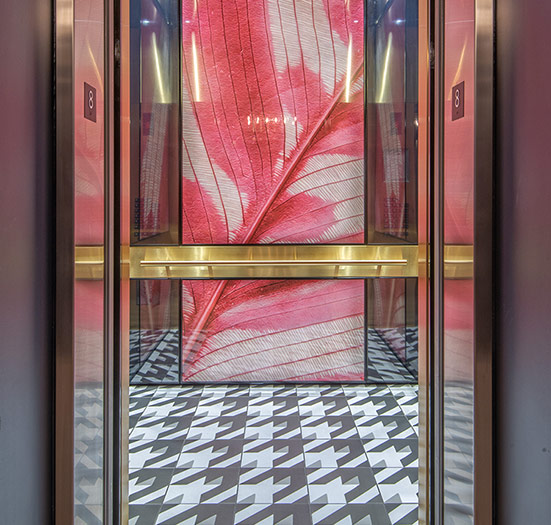 Open elevator cab door at Extron in Anaheim, California