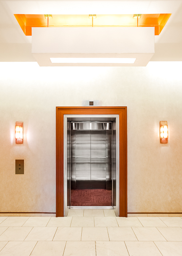 Open elevator cab door at Extron in Anaheim, California