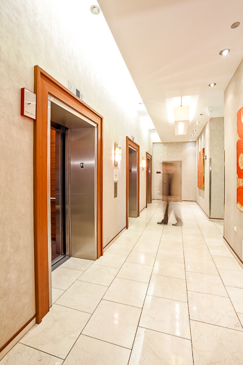Open elevator cab door at Extron in Anaheim, California