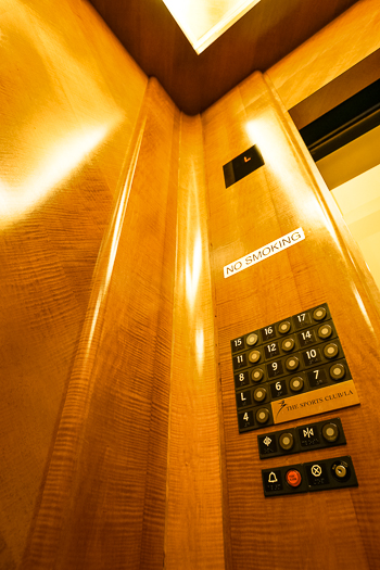 Open elevator cab door at Extron in Anaheim, California