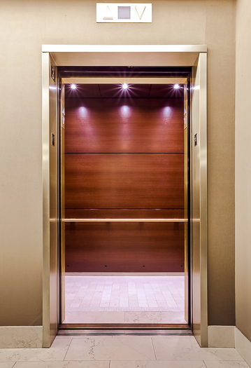Open elevator cab door at Extron in Anaheim, California