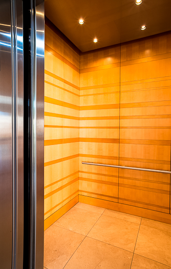 Open elevator cab door at Extron in Anaheim, California