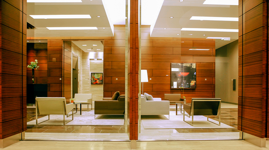 Open elevator cab door at Extron in Anaheim, California