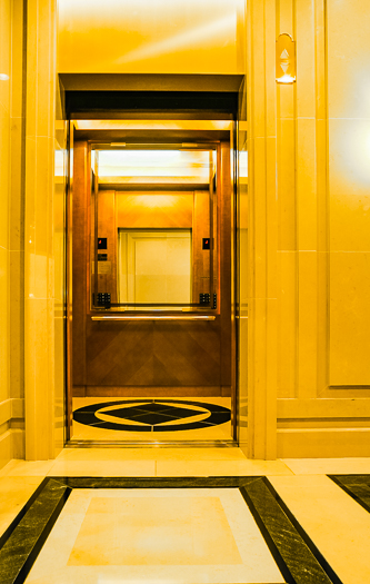 Open elevator cab door at Extron in Anaheim, California