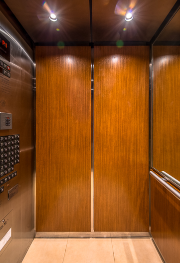 Open elevator cab door at Extron in Anaheim, California