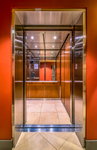 Open elevator cab door at Extron in Anaheim, California