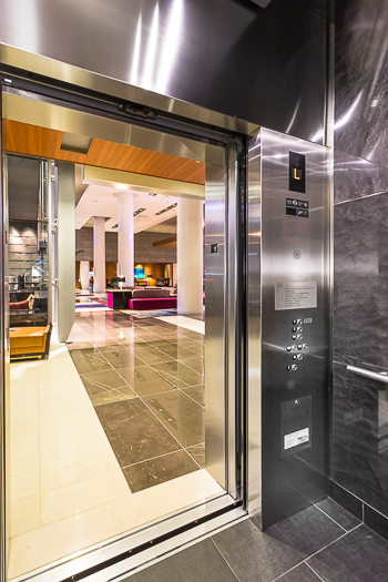 Open elevator cab door at Extron in Anaheim, California