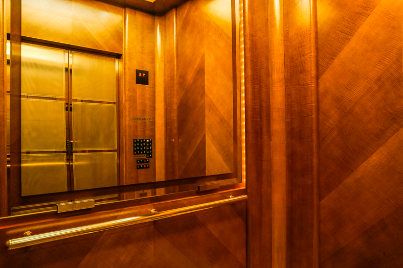 Open elevator cab door at Extron in Anaheim, California