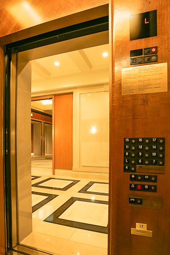 Open elevator cab door at Extron in Anaheim, California