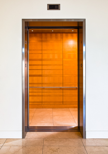 Open elevator cab door at Extron in Anaheim, California