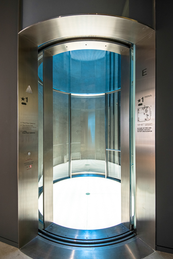Open elevator cab door at Extron in Anaheim, California