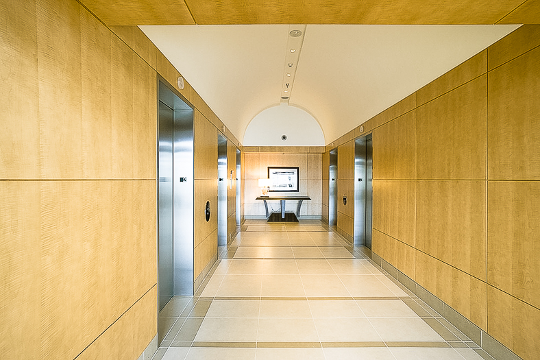 Open elevator cab door at Extron in Anaheim, California