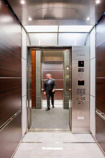 Open elevator cab door at Extron in Anaheim, California