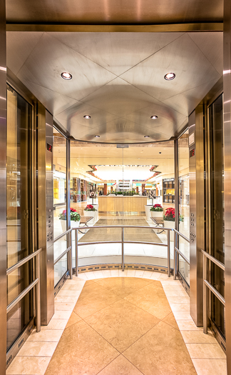 Open elevator cab door at Extron in Anaheim, California