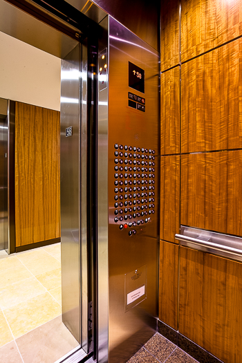 Open elevator cab door at Extron in Anaheim, California