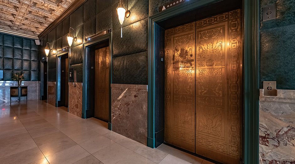 Open elevator cab door at Extron in Anaheim, California