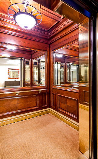 Open elevator cab door at Extron in Anaheim, California