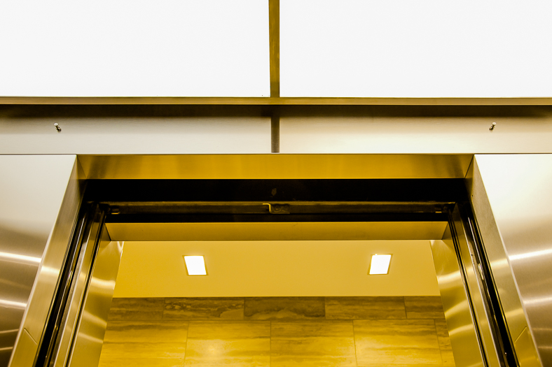 Open elevator cab door at Extron in Anaheim, California