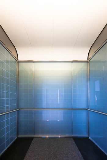 Open elevator cab door at Extron in Anaheim, California