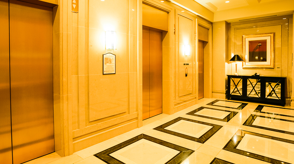 Open elevator cab door at Extron in Anaheim, California