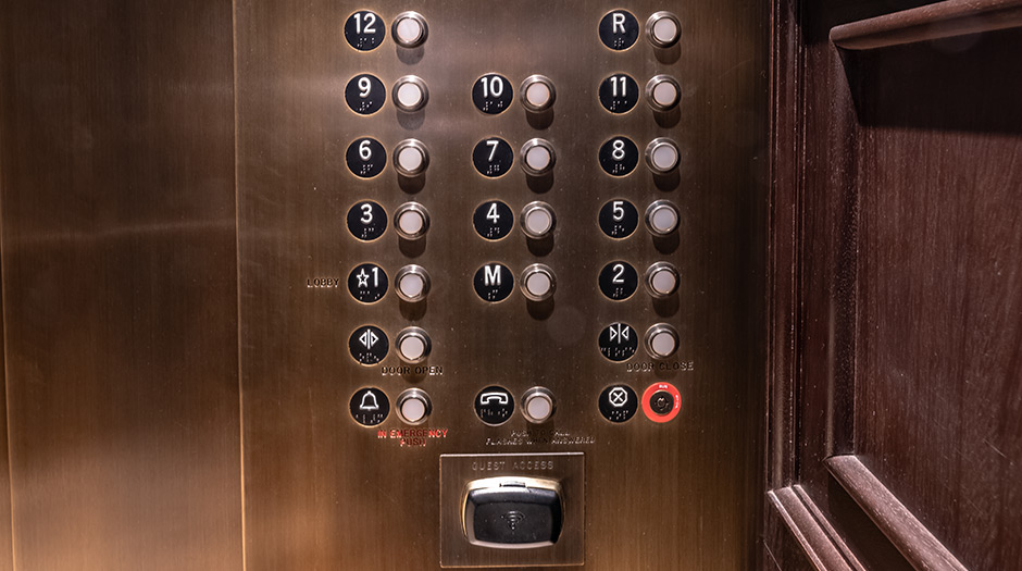 Open elevator cab door at Extron in Anaheim, California