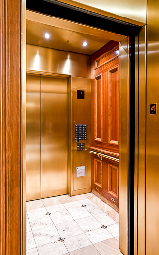 Open elevator cab door at Extron in Anaheim, California