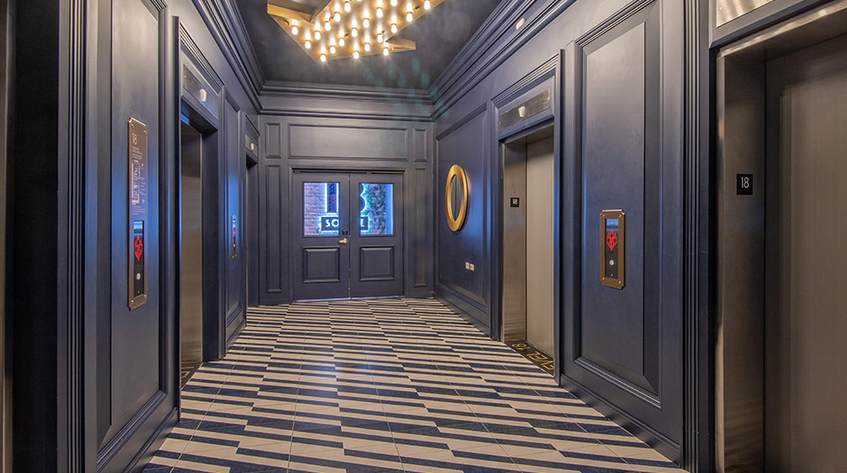 Open elevator cab door at Extron in Anaheim, California