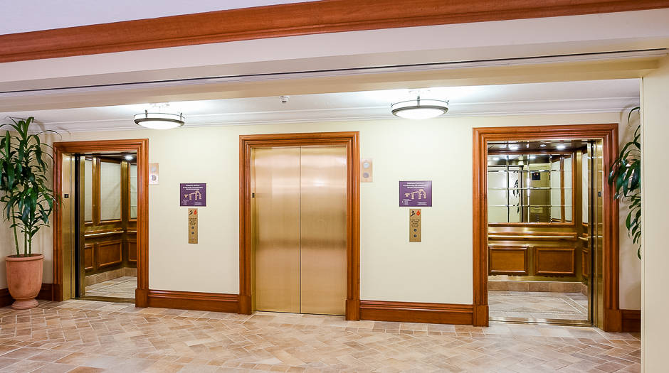 Open elevator cab door at Extron in Anaheim, California