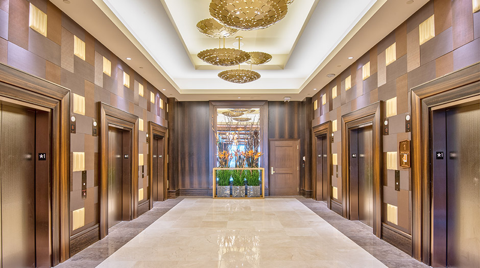 Open elevator cab door at Extron in Anaheim, California