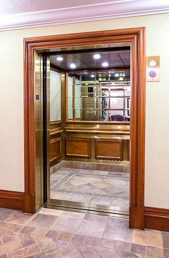 Open elevator cab door at Extron in Anaheim, California