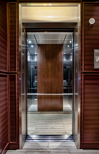 Open elevator cab door at Extron in Anaheim, California