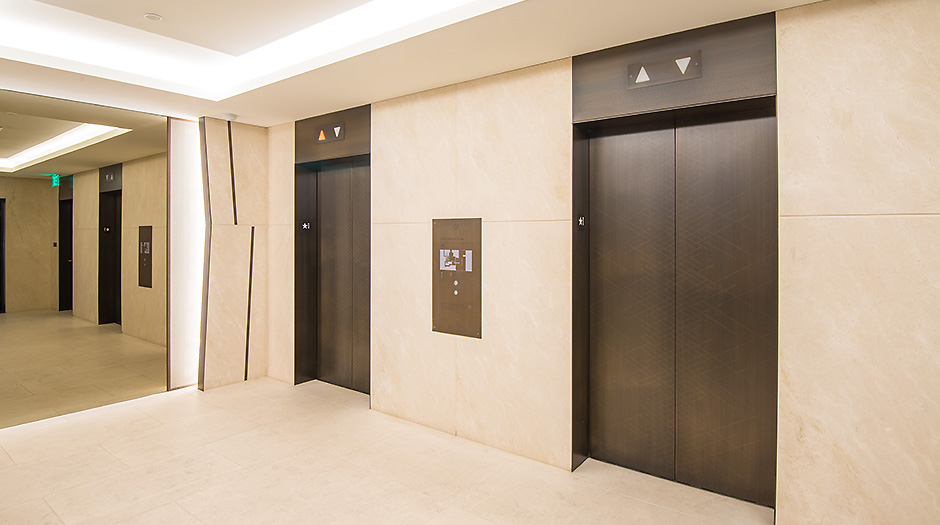 Open elevator cab door at Extron in Anaheim, California