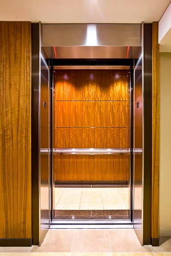 Open elevator cab door at Extron in Anaheim, California