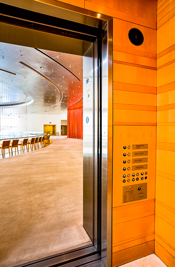 Open elevator cab door at Extron in Anaheim, California
