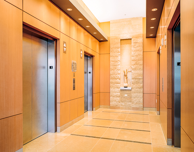 Open elevator cab door at Extron in Anaheim, California