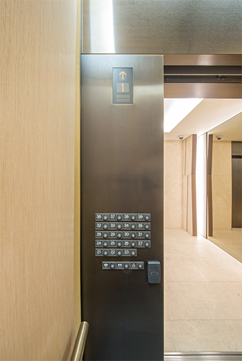 Open elevator cab door at Extron in Anaheim, California